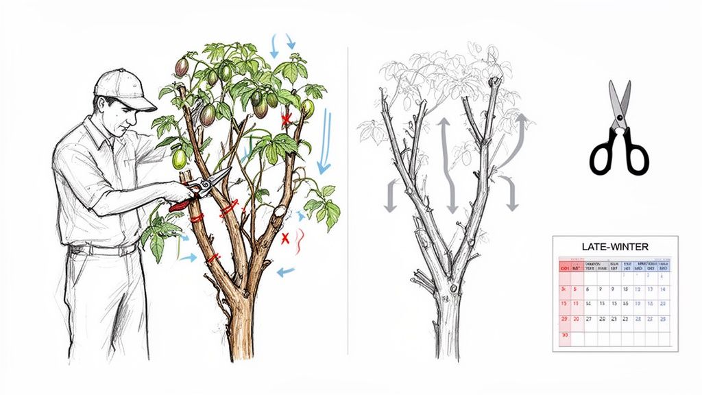 Illustration showing a person pruning a passionfruit plant with shears, demonstrating before and after stages for late-winter.