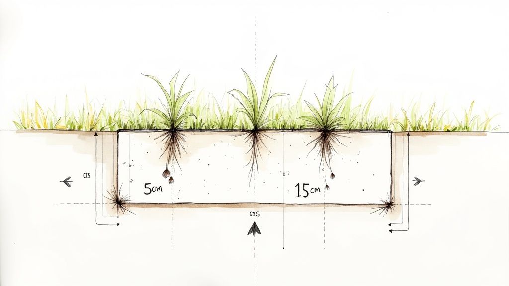 Detailed cross-section diagram showing three planted grasses with roots in soil, including depth measurements.