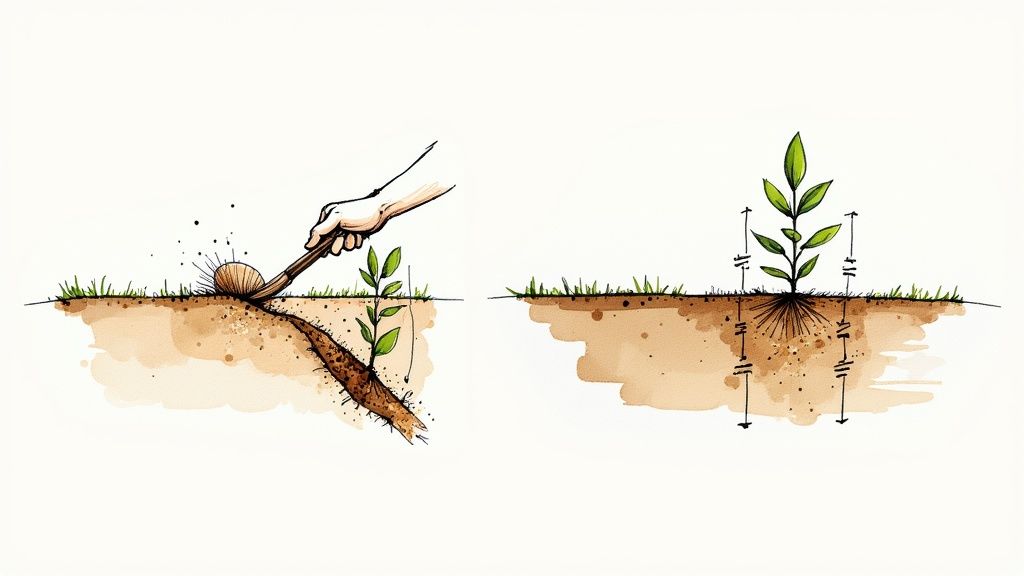 A person planting a small hedge plant into a prepared trench in a garden.