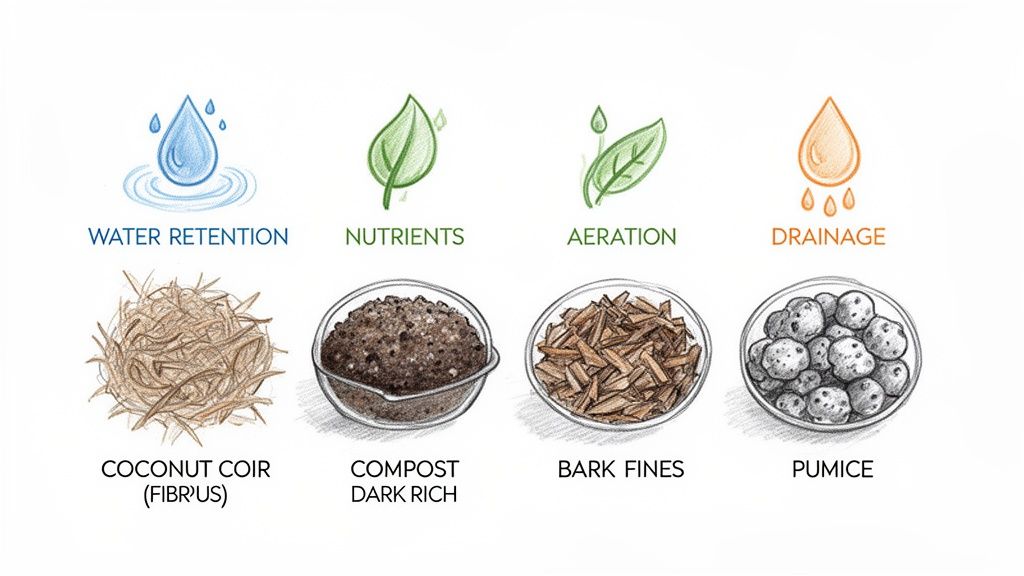 Illustrations of four potting mix ingredients: coconut coir, compost, bark fines, and pumice, with their benefits.