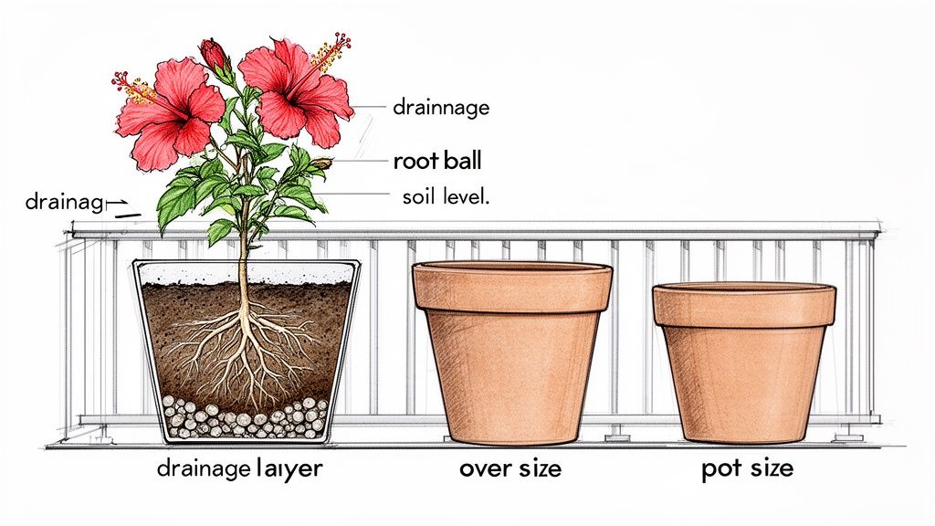 Diagram illustrating a hibiscus plant with exposed roots, drainage layer, soil level, and ideal pot sizes.
