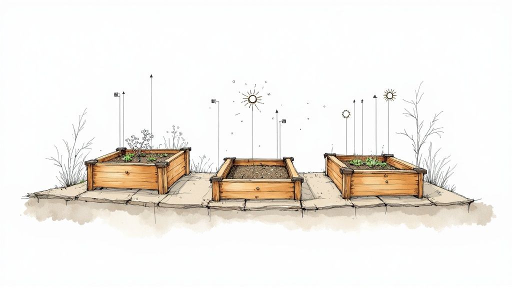 A thriving raised wooden garden bed full of green vegetables in a sunny backyard.