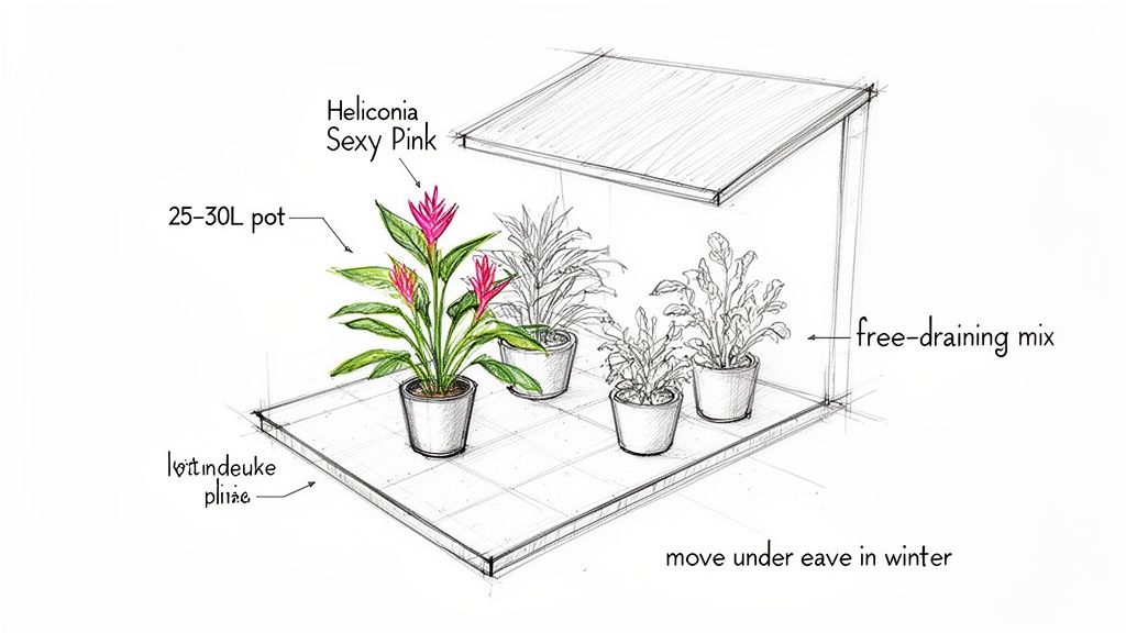 Sketch illustrating potted plants, including Heliconia Sexy Pink, with care instructions like pot size and winter protection.