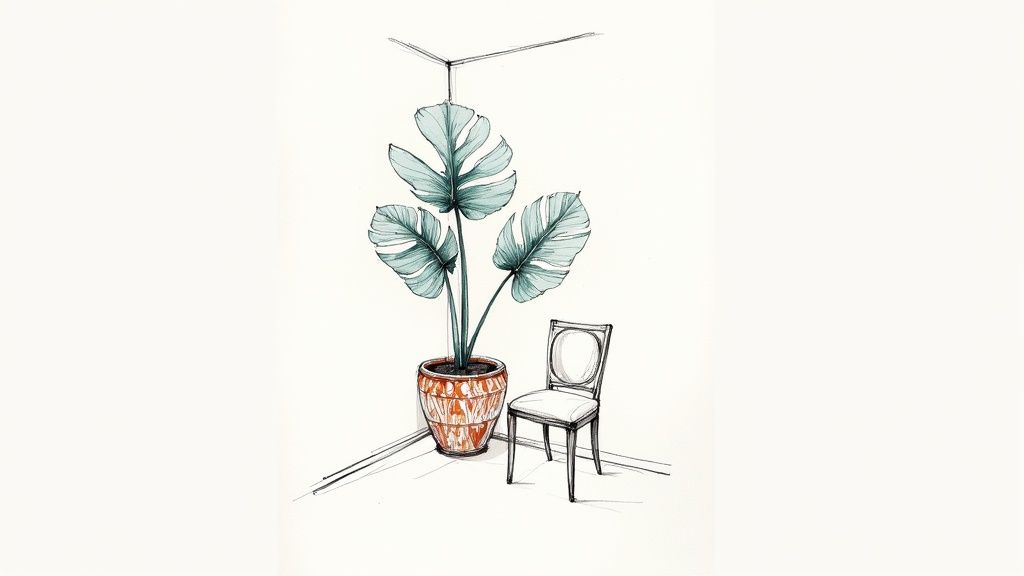 Hand-drawn illustration of a large leafy houseplant in a pot next to a white chair.