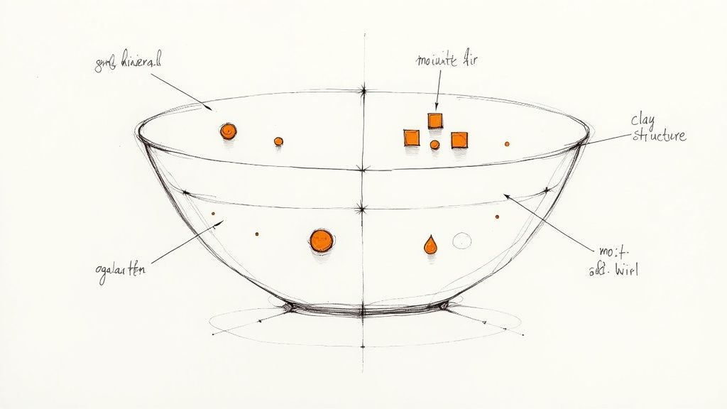 A gardener holding a handful of dark, healthy soil, with green plants in the background.