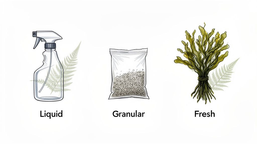 Three forms of seaweed fertilizer: liquid in a spray bottle, granular in a bag, and fresh bundled seaweed.