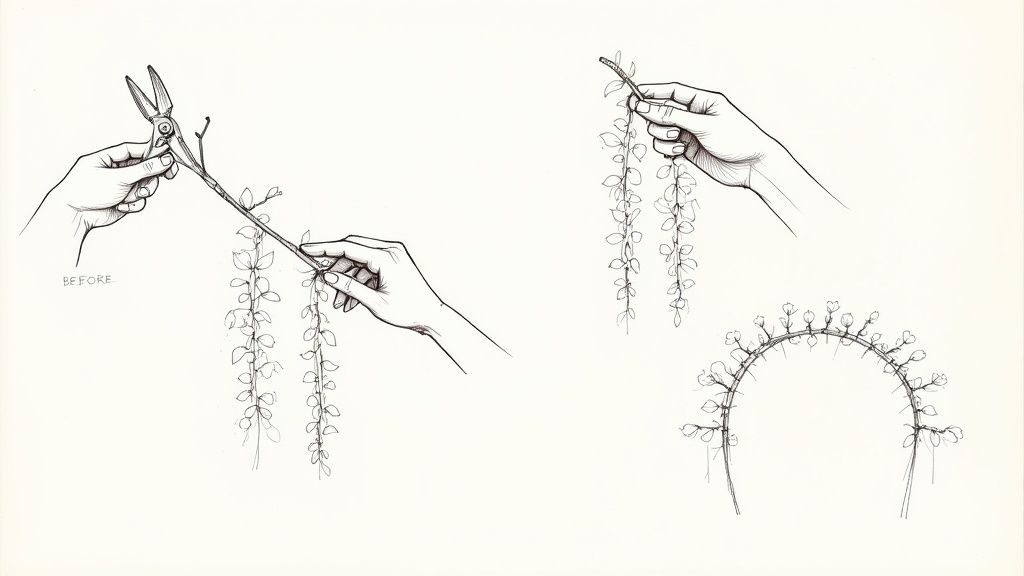 Illustration of hands pruning a plant branch with shears, then shaping it into an arc with small flowers.