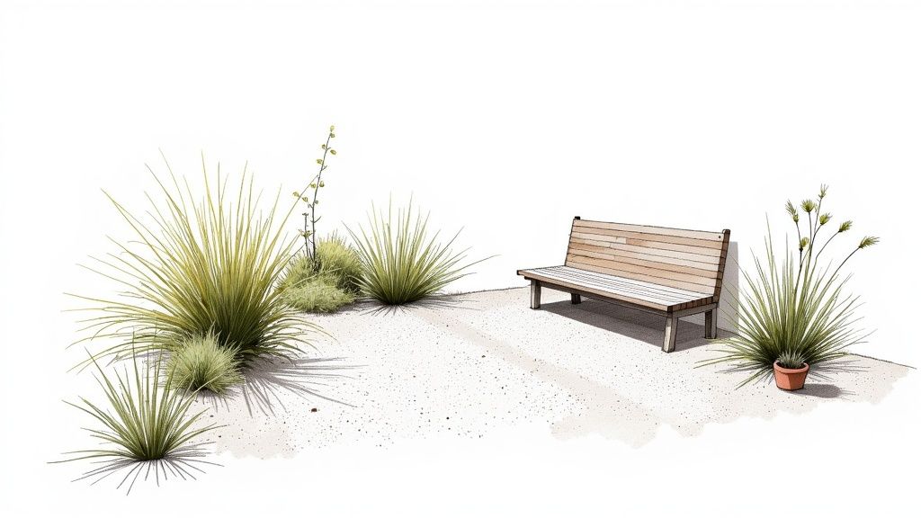 A lush garden with various low maintenance plants thriving in an outdoor setting.