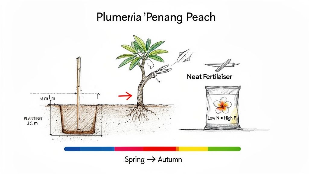 Instructions for planting, pruning, and fertilizing a Plumeria 'Penang Peach' tree from spring to autumn.