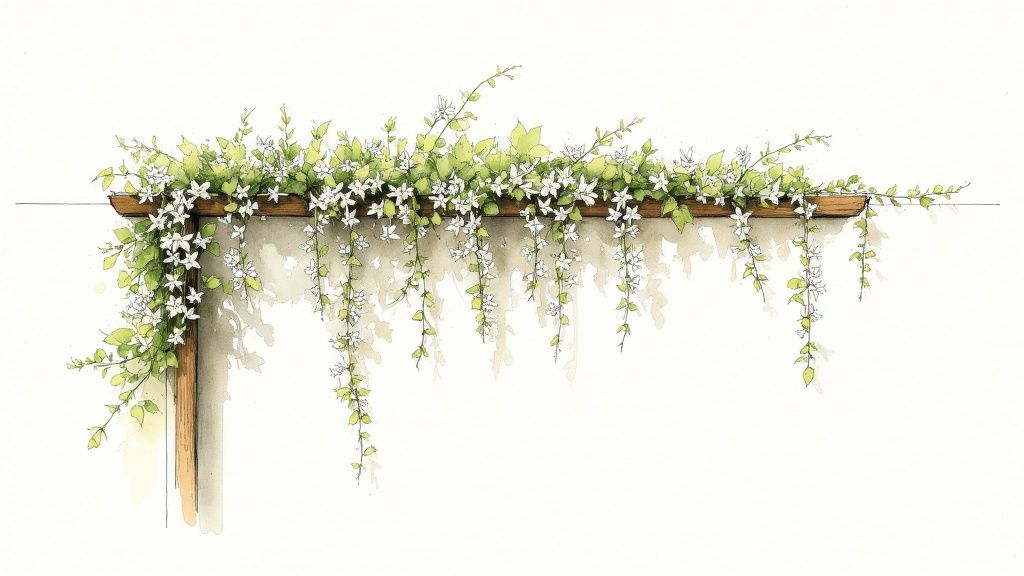 A watercolor illustration of green vines with small white flowers draped over a wooden beam.