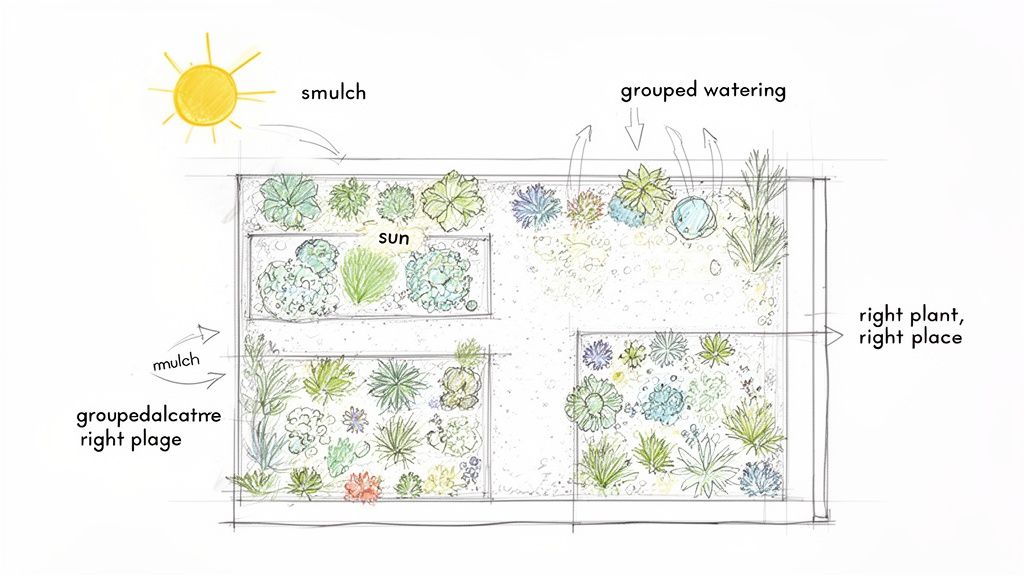 Hand-drawn garden design sketch showing sun, mulch, grouped watering, and plant placement strategies.