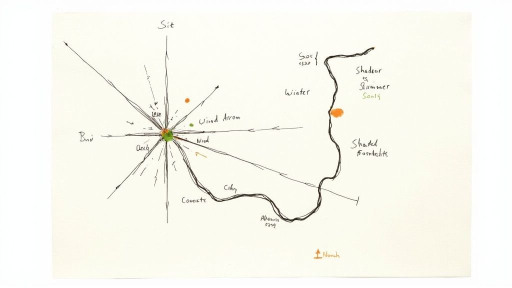 A person sketching a garden plan on a clipboard with a lush green garden in the background.