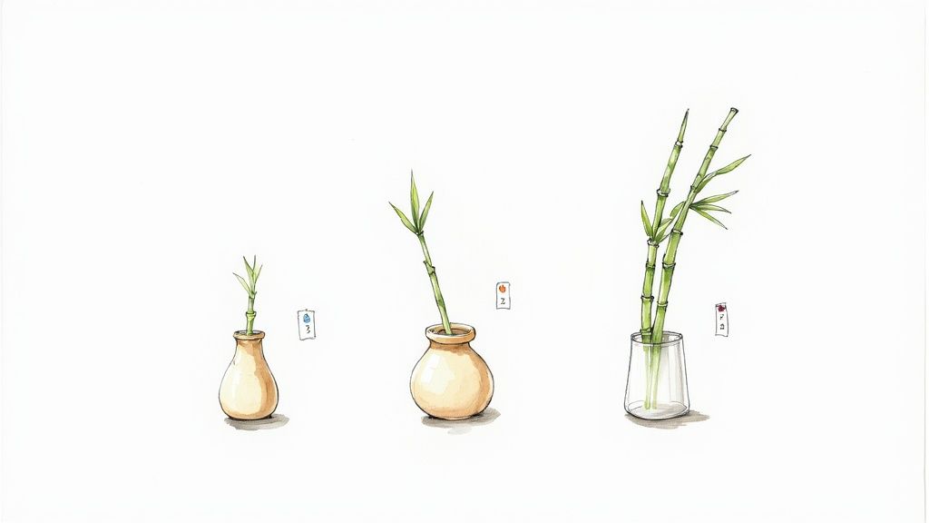 Close-up of healthy, vibrant green lucky bamboo stalks in a clear vase.