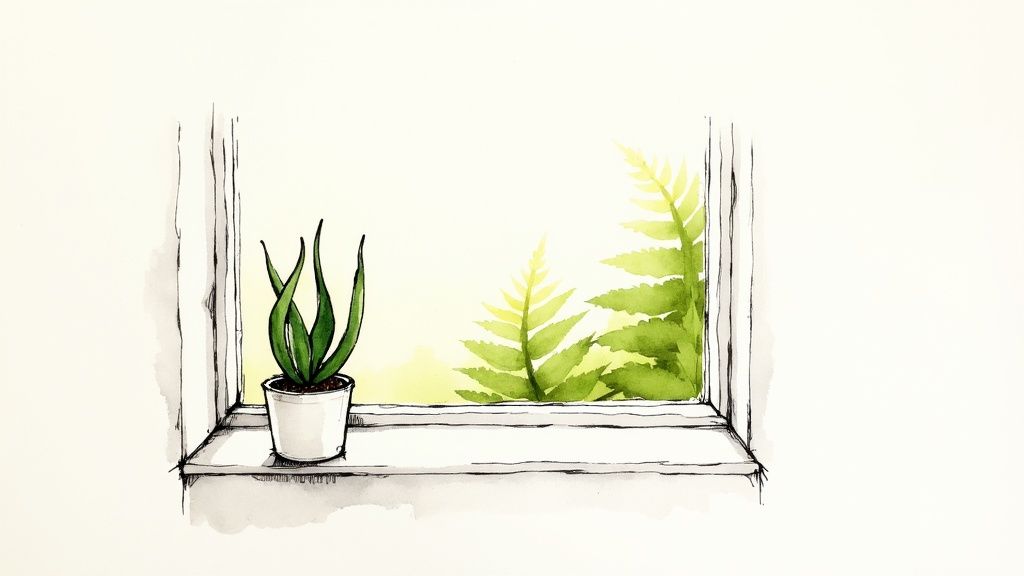 Watercolor drawing of an aloe vera plant on a window sill with green ferns outside.