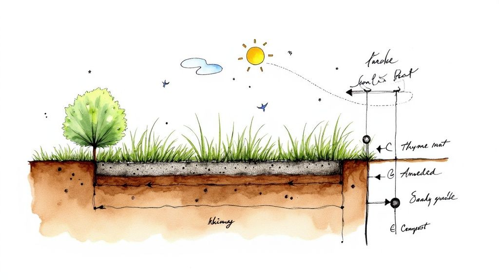 Watercolor cross-section diagram of soil layers with grass, a tree, sun, and labels for thyme mat and compost.
