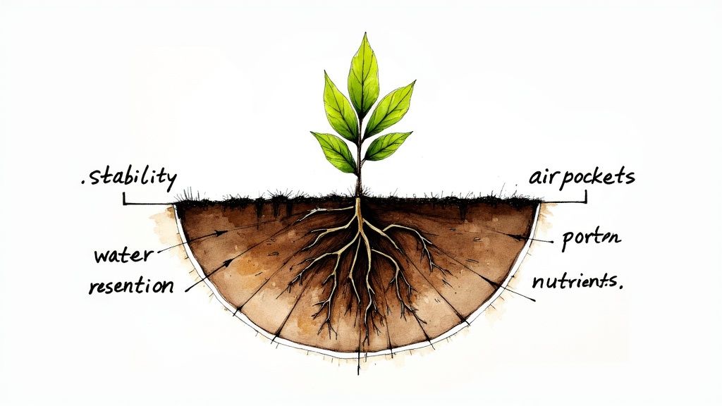 Close-up of rich, dark soil being held in a gardener's hands.