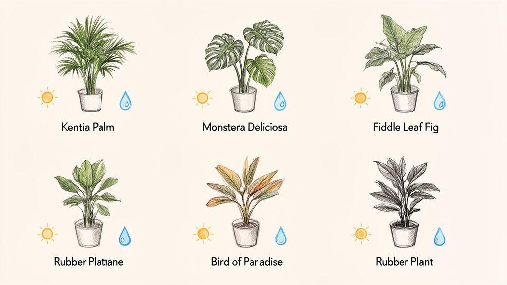 Six illustrated indoor plants: Kentia Palm, Monstera, Fiddle Leaf Fig, Rubber Plattane, Bird of Paradise, Rubber Plant with care symbols.