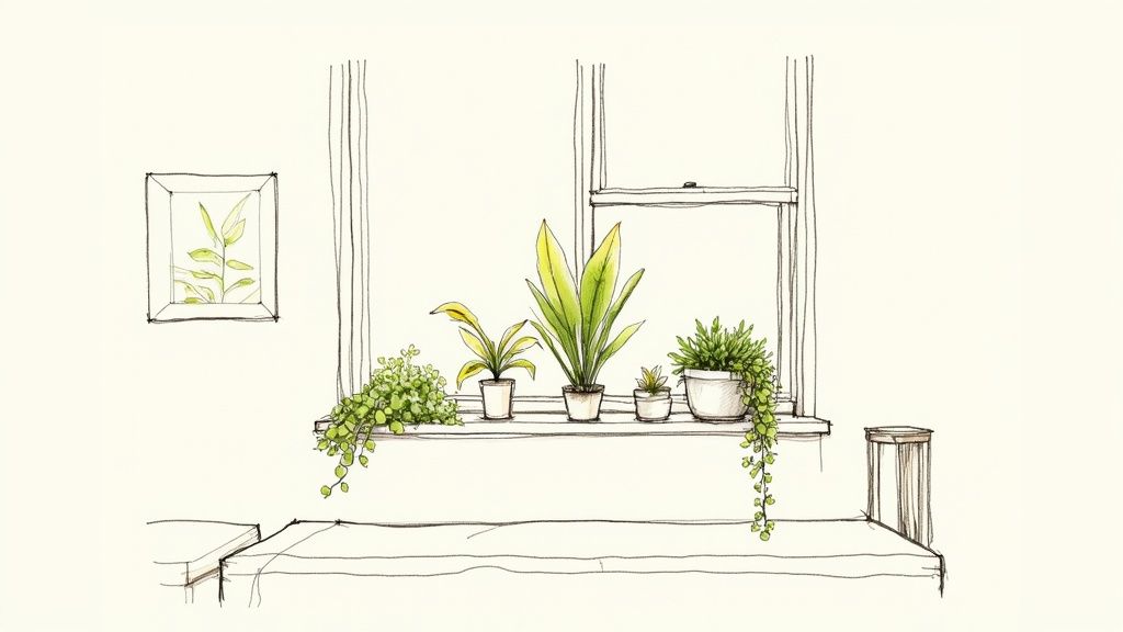 Hand-drawn sketch of a bright window with diverse potted green plants on the sill.