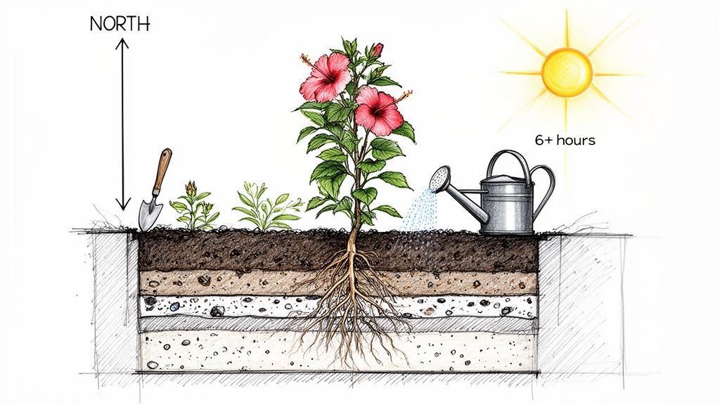 Illustration of a hibiscus plant showing its roots in layered soil, with a shovel, watering can, sun, and a 'NORTH' arrow.