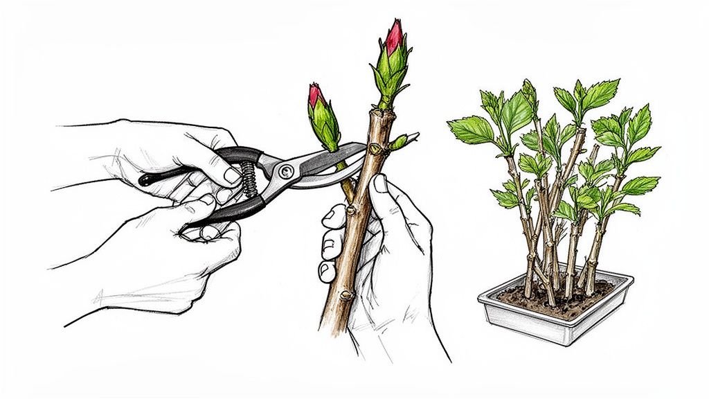 A person uses pruning shears to cut a plant stem with red buds, illustrating plant propagation.