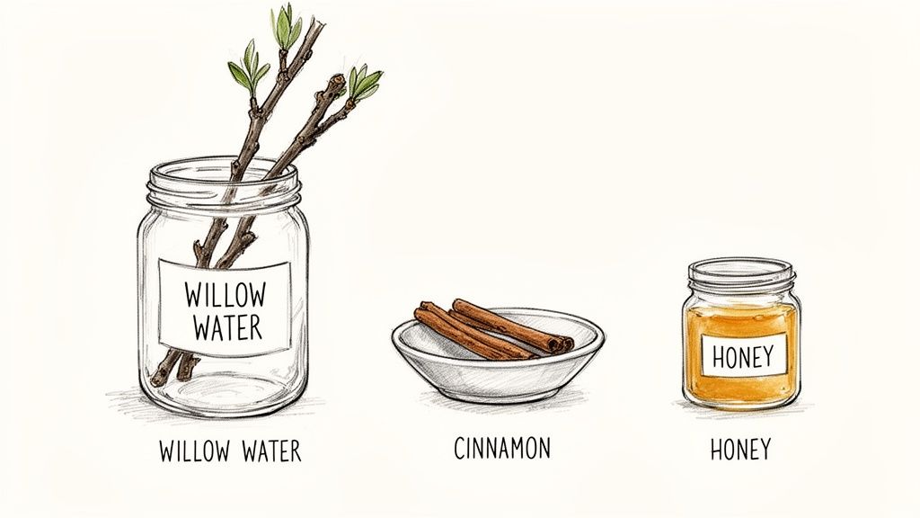 Three natural rooting hormone ingredients: willow water with branches, cinnamon sticks, and a jar of honey.