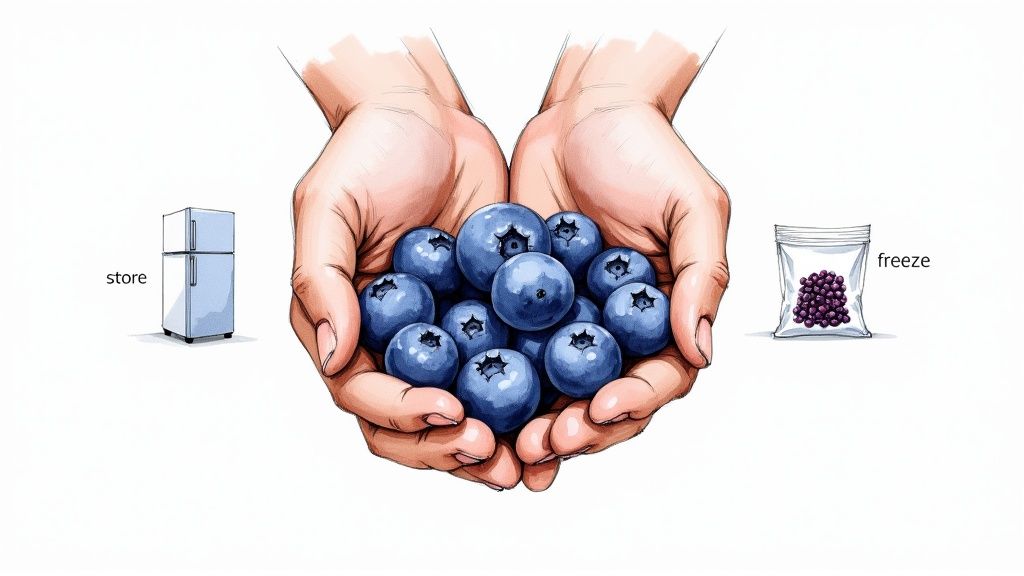 Handful of ripe blueberries being harvested from a bush in a sunny garden.