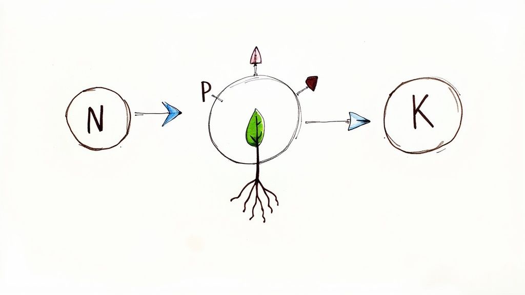 A hand-drawn diagram illustrating plant nutrient uptake, with N and P entering a seedling and K exiting.