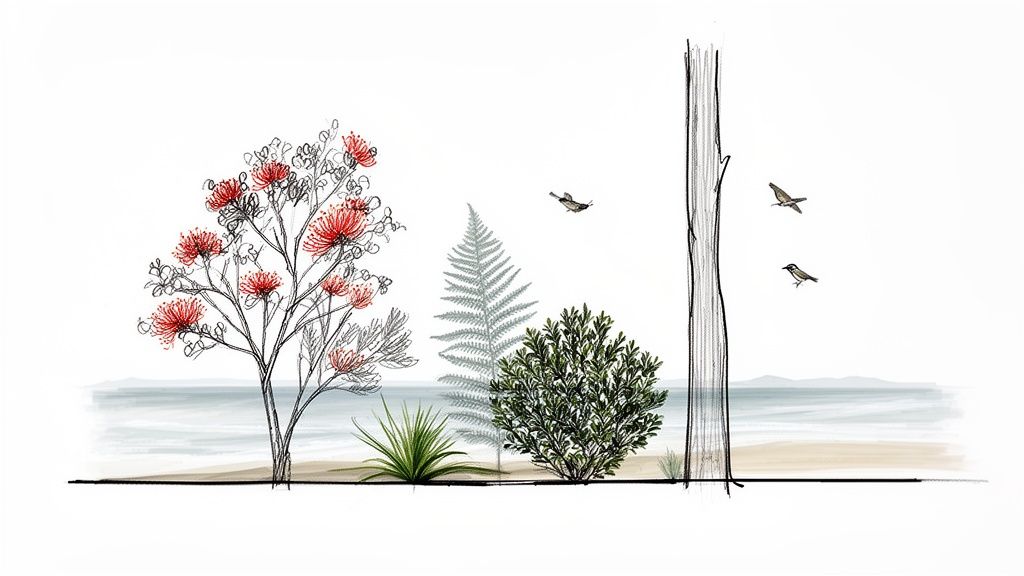 Illustration of a vibrant New Zealand coastal landscape with native plants, birds, beach, and ocean.