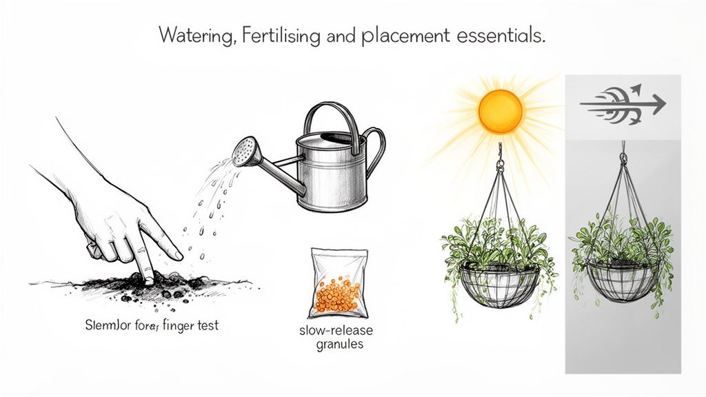 Illustrations showing watering with finger test, slow-release granules, sun placement, and air circulation for hanging baskets.