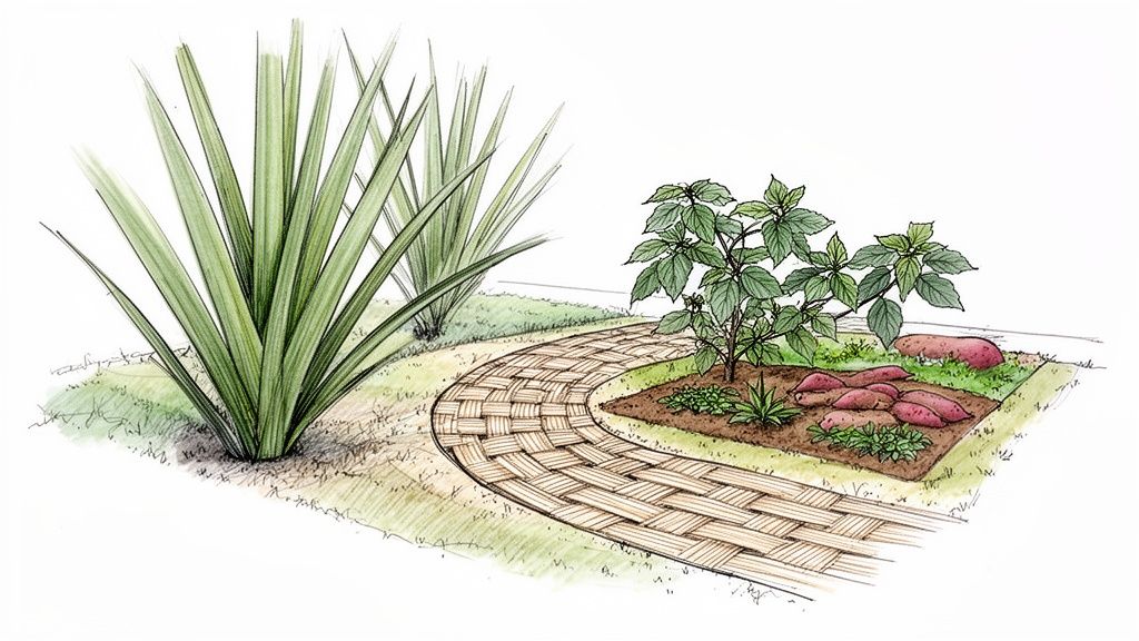 A colorful garden design sketch with a curved brick path, tall green plants, and sweet potatoes.