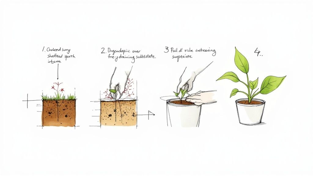 A four-step illustration demonstrating the process of carefully transplanting a small plant into a pot.