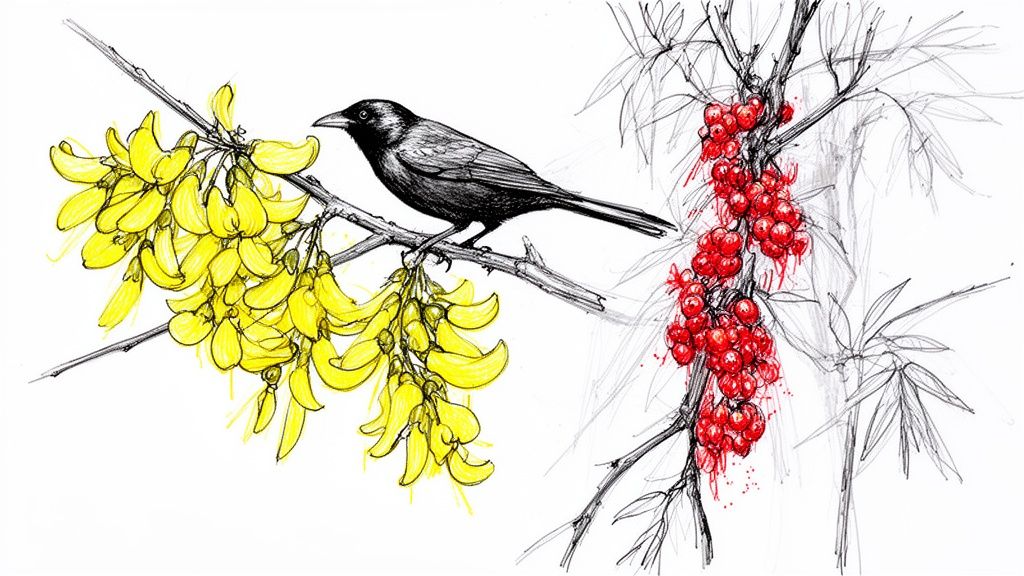 A detailed illustration of a black bird perched on a branch with vibrant yellow flowers and red berries.