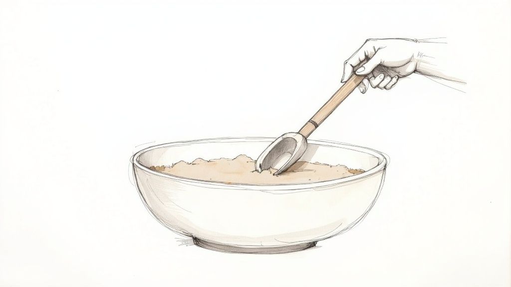 A person's hands mixing various components of an indoor potting mix in a large tub.