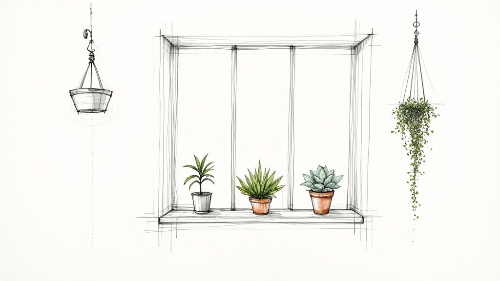 Hand-drawn illustration of potted plants on windowsill with hanging planters on sides