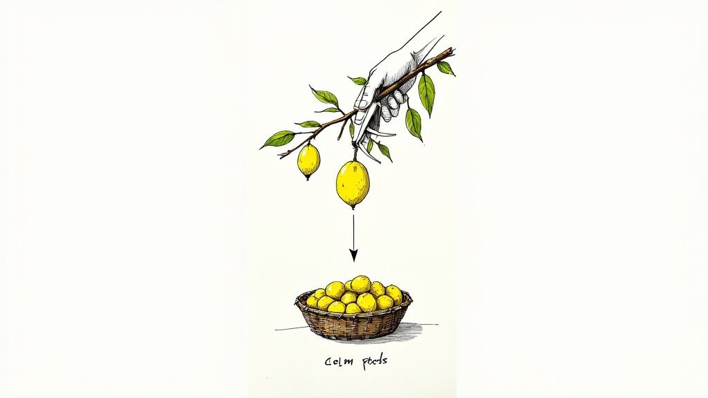A hand reaching to pick a ripe yellow lemon from a tree branch.