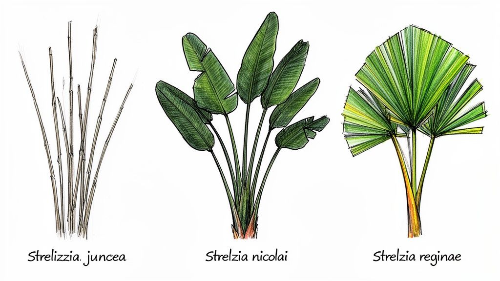 Illustrations of three Strelitzia plant varieties: juncea, nicolai, and reginae, showcasing their unique leaf forms.