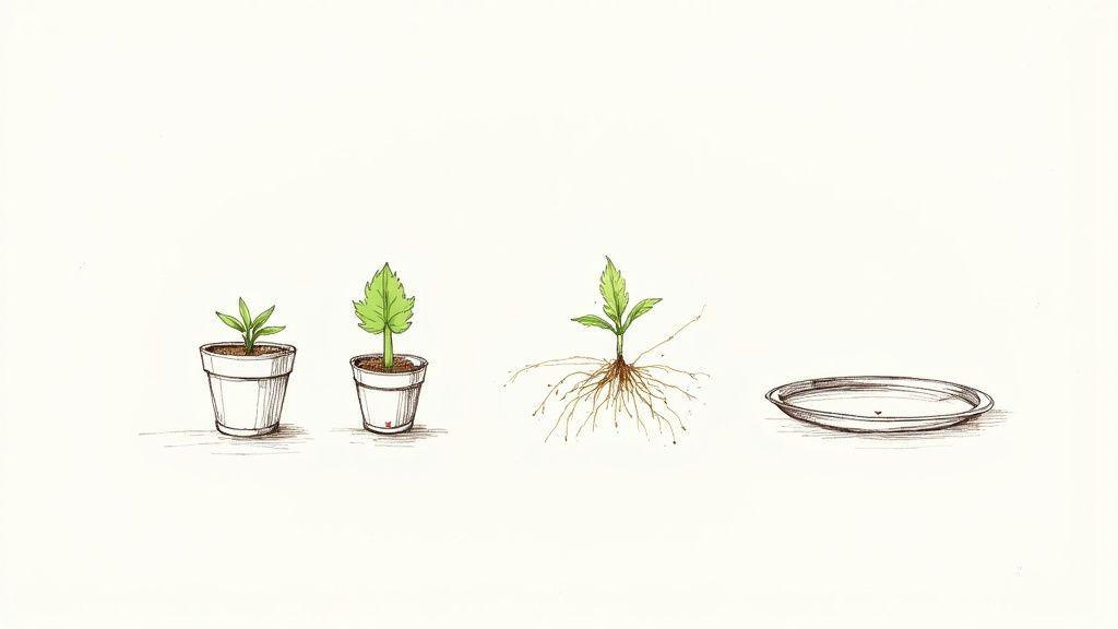 Hand-drawn illustrations depicting plant growth stages, from potted seedlings to visible roots, ending with an empty tray.