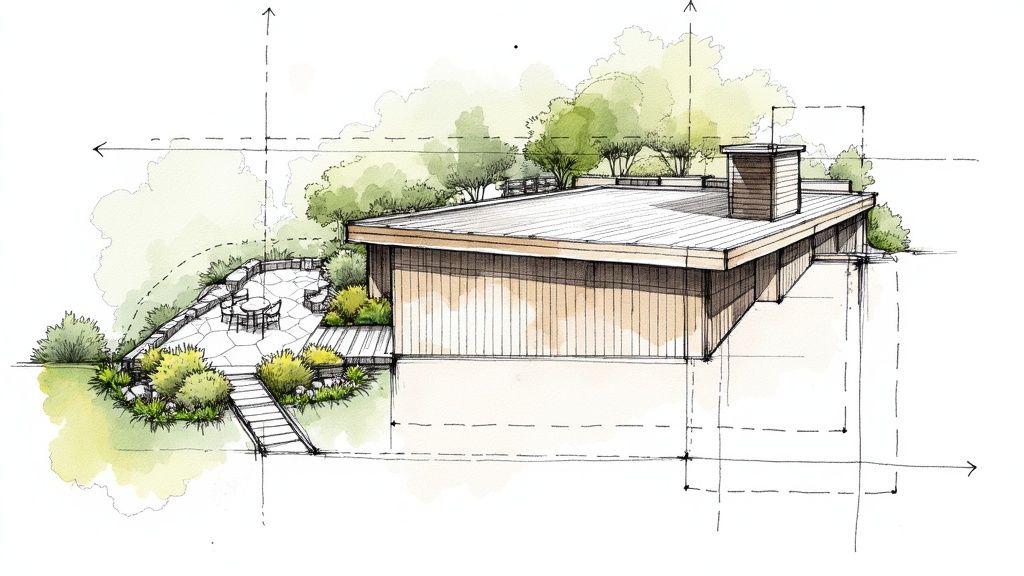 A modern patio with comfortable seating, surrounded by lush greenery, seamlessly connecting the house to the garden.