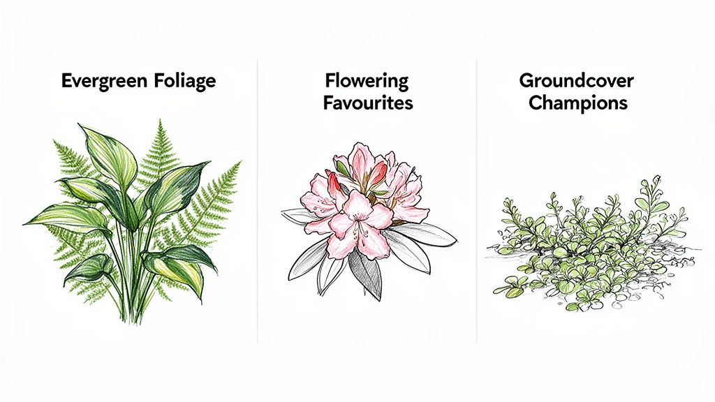 Illustrations of evergreen foliage, pink flowering plants, and green groundcover plants for various garden needs.