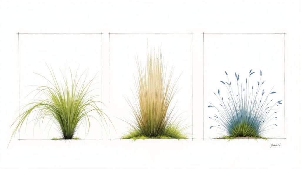 A diverse planting of New Zealand native grasses, showing different colours, textures, and forms.