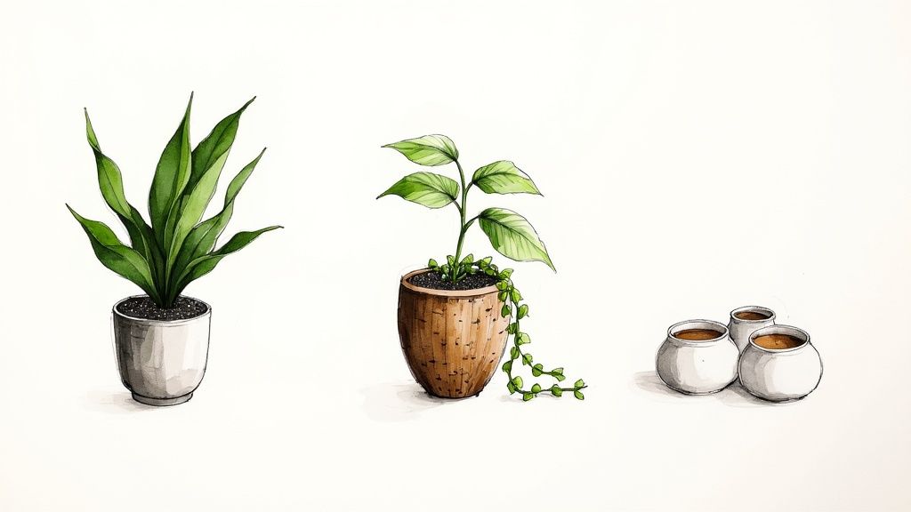 A stylish interior with a variety of plants in different planter pots, showcasing how they complement the home decor.