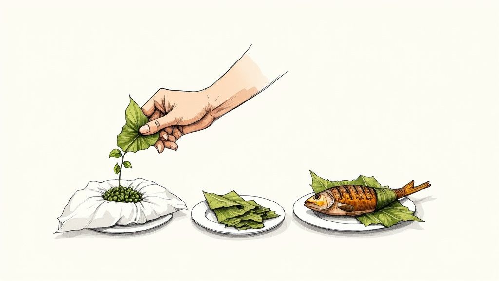 A hand adds a betel leaf to a plant growing from peas, alongside plates of leaves and fish.
