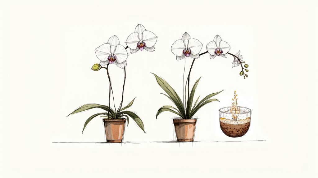 An illustration showing two potted white orchids with purple centers next to a glass of coffee-like liquid with plant sprouts.