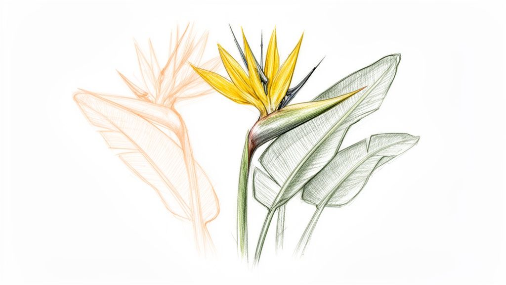 A detailed colored pencil drawing featuring a vibrant yellow Strelitzia flower and green leaves.
