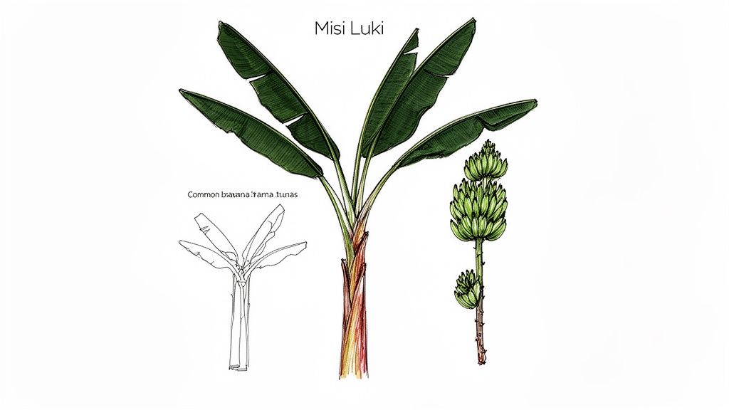 Detailed illustration of a Misi Luki banana plant with green fruits, next to a line drawing of a common banana plant.