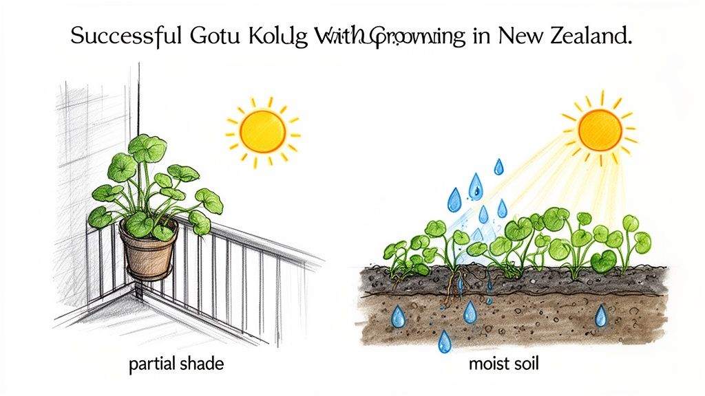 Two illustrations showing successful Gotu Kola plant care with partial shade and moist soil.