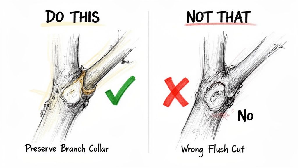 Illustration showing correct tree pruning by preserving the branch collar versus a wrong flush cut.