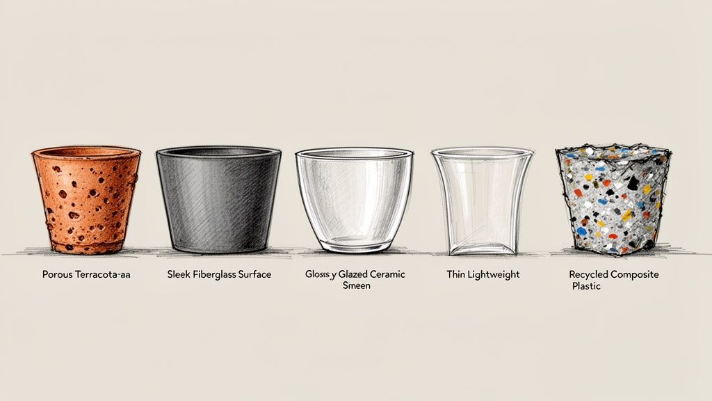 An illustration showcasing five distinct plant pot materials: porous terracotta, sleek fiberglass, glossy ceramic, lightweight, and recycled composite plastic.