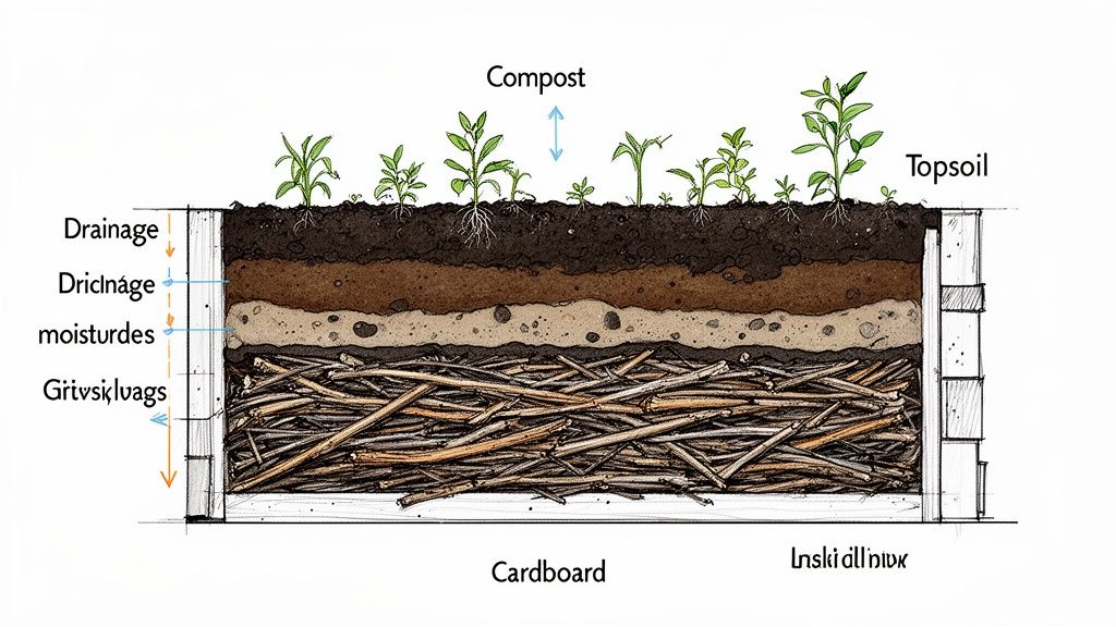 Cross-section of a raised garden bed showing layers: topsoil, compost, drainage, and cardboard base.
