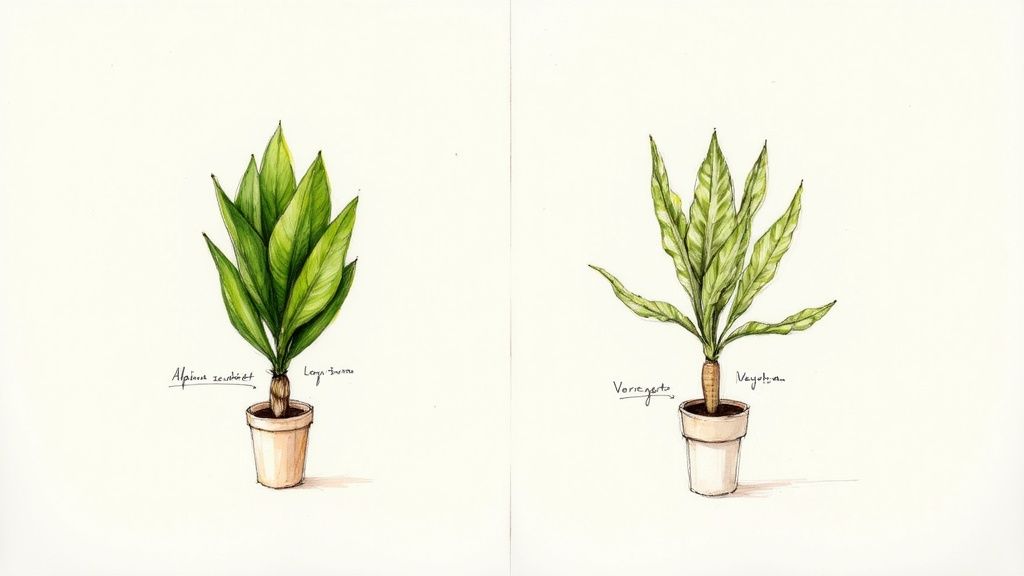 Watercolor illustrations of two potted Alpinia zerumbet plants, one solid green and one variegated.